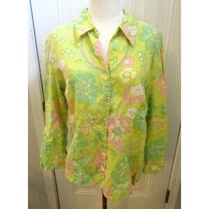 Sigrid Olsen Shirt 100% Linen Pastel Floral Summer Spring Top Womens Size L